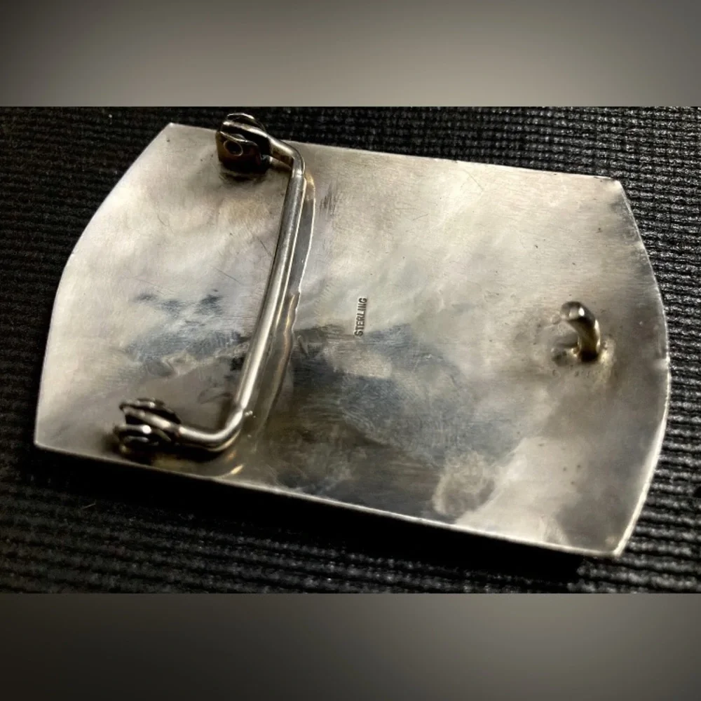Navajo Hopi Belt Buckle .925 SOLID Sterling Silver Handmade Overlay Circa 1980's